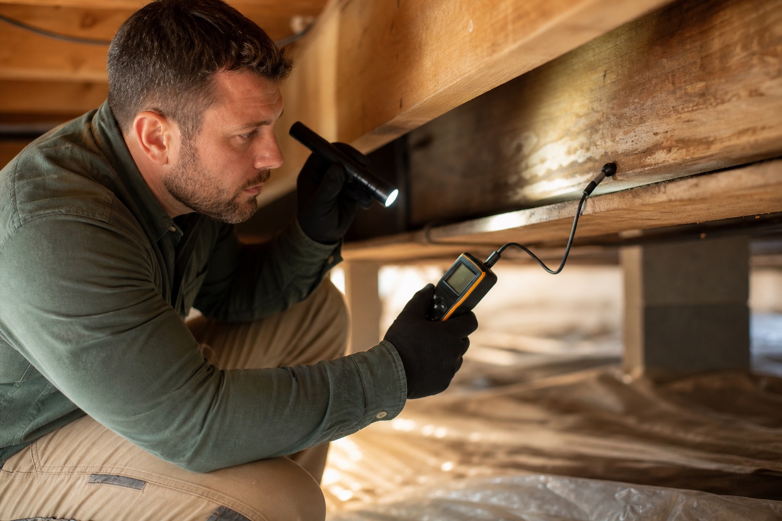 Mold remediation technician inspecting visible growth inside a protected work area